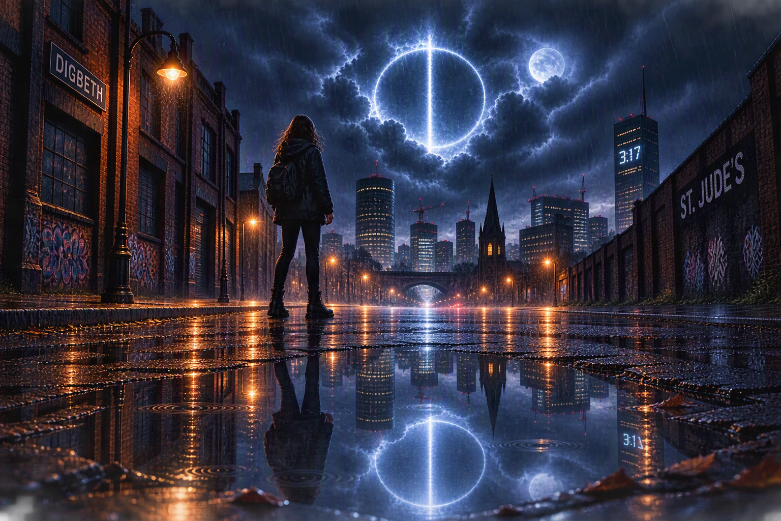 A lone figure stands on a rain-soaked Birmingham street beneath an otherworldly symbol.